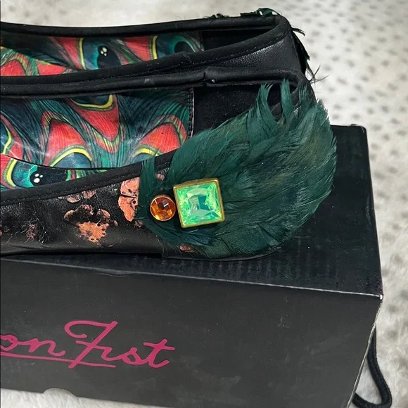 Iron Fist Black Multi Floral Skull Ballet Flats with Green Feather Accent - Picture 9 of 9